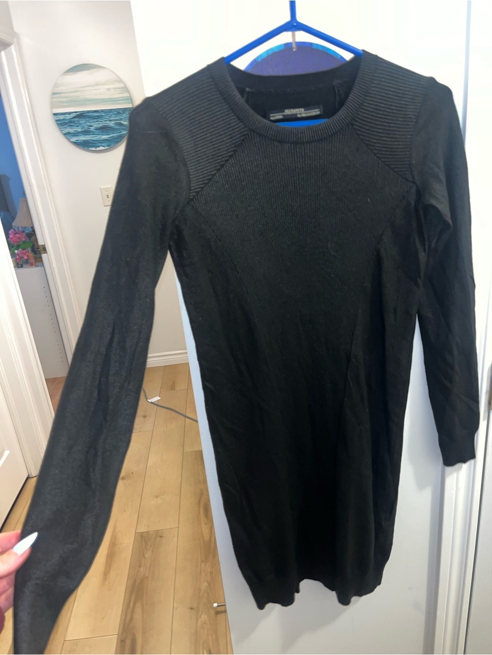 ALLSAINTS Metallic trim Black Long-Sleeve Ribbed Dress